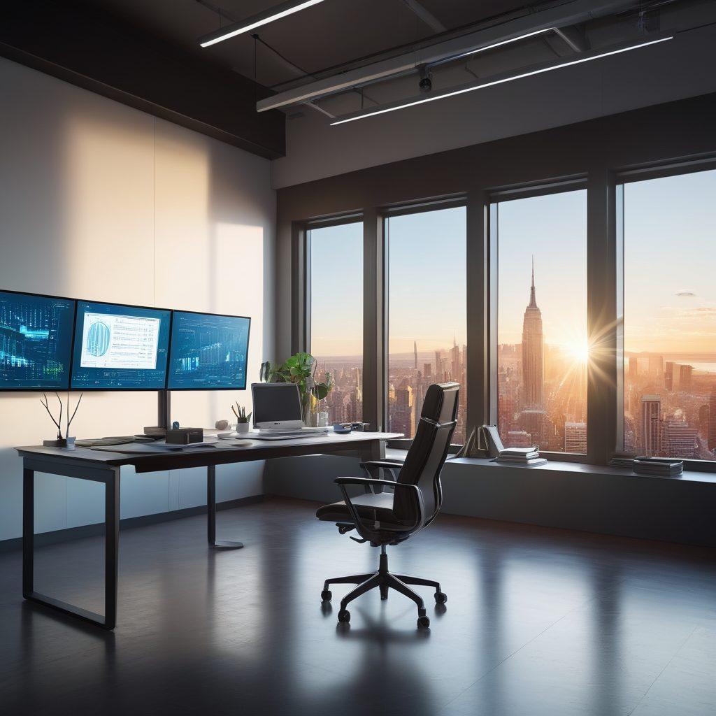 A bright, modern workspace filled with digital screens displaying complex data visualizations and charts. An expert at a desk, thoughtfully analyzing the data, surrounded by books and resources that symbolize informed decision-making. Light streaming from a window, creating an atmosphere of inspiration and clarity. Futuristic technology integrated into the scene for a dynamic feel. super-realistic. vibrant colors. 3D.