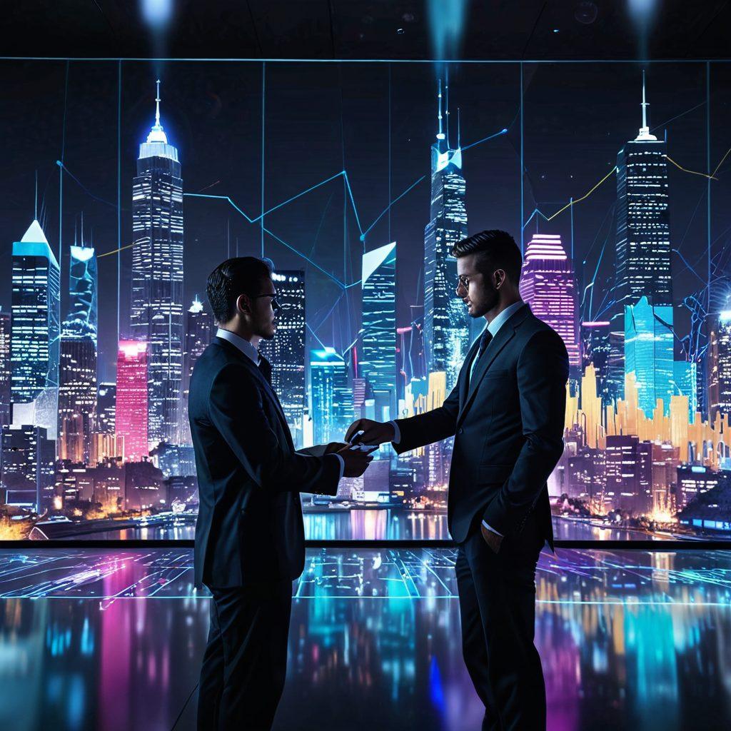 A dynamic and engaging composition featuring a person analyzing data on a futuristic interface with colorful charts and graphs glowing around them. In the background, a cityscape represents growth and opportunity, symbolizing progress from insight to action. Include elements that suggest collaboration and strategic planning, such as diverse professionals discussing ideas. Bright, contrasting colors to evoke energy and motivation. super-realistic. vibrant colors. 3D.